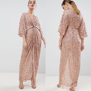 ASOS Design rose gold blush nude scatter sequin knot front kimono maxi dress